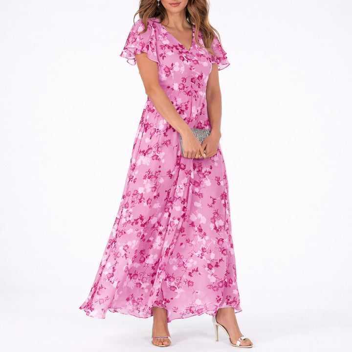 Ida | Kvinne Floral Chiffon Maxi Kjole for Høst Bryllup Gjest V-Hals