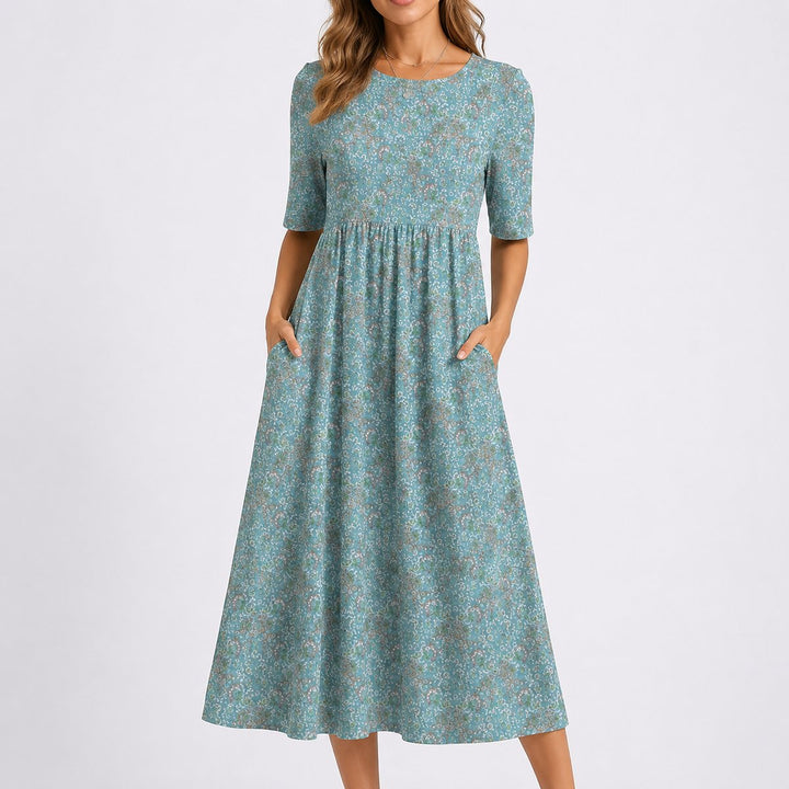Laura | Kvinne Floral Midi Kjole for Høst Bryllup Gjest Rund Hals Lommer