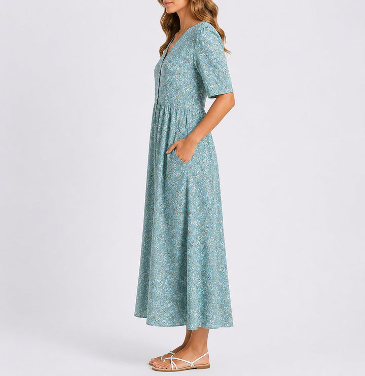 Laura | Kvinne Floral Midi Kjole for Høst Bryllup Gjest Rund Hals Lommer