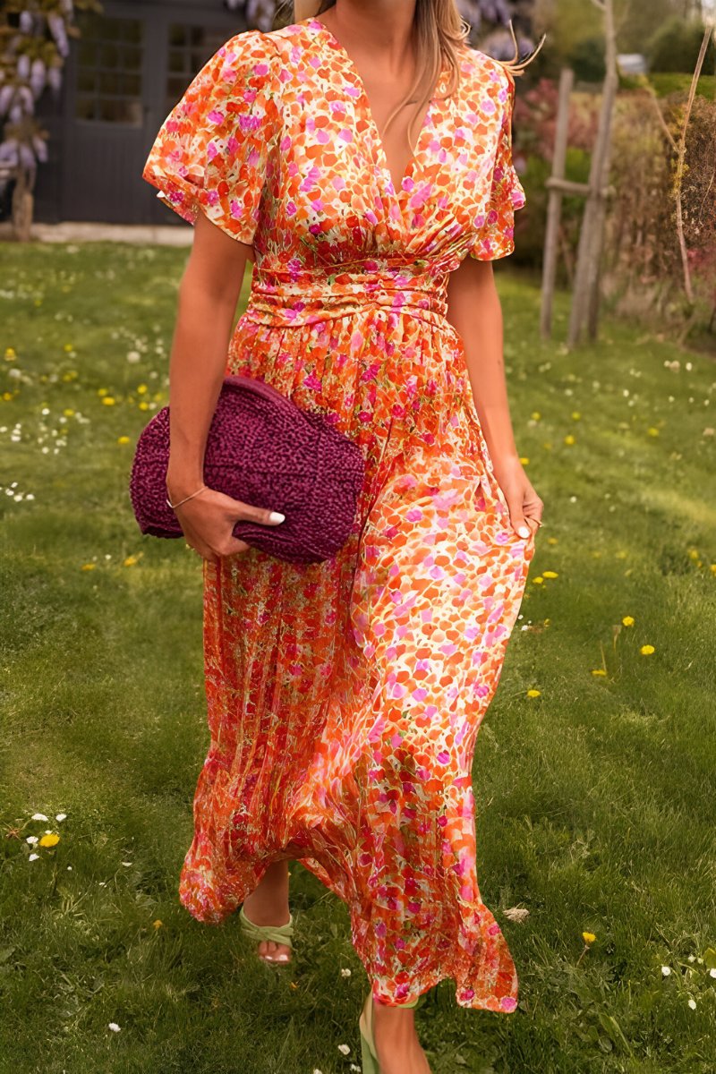 Astrid | Kvinners Blomstrete V-hals Maxi Kjole