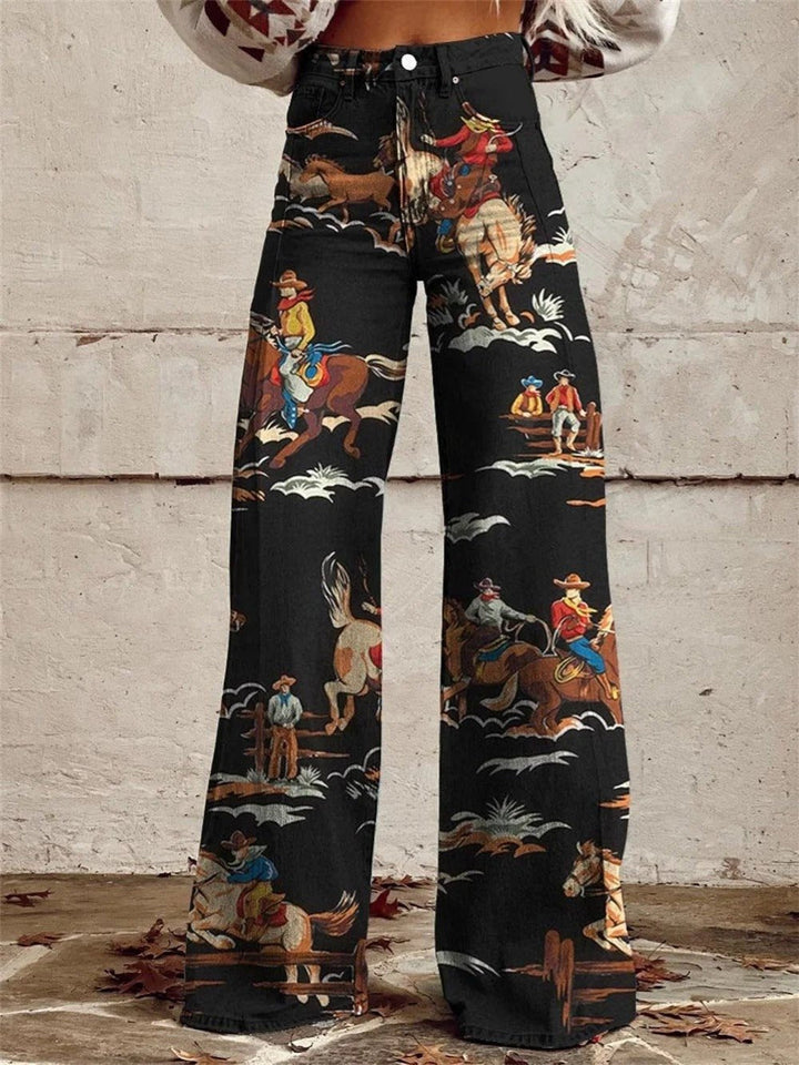Agnes | Kvinne Høy Midje Cowboy Print Vide Denim Bukser