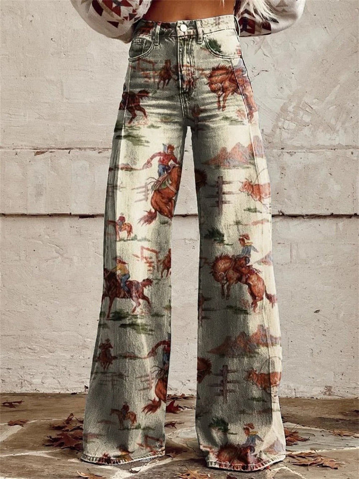 Agnes | Kvinne Høy Midje Cowboy Print Vide Denim Bukser