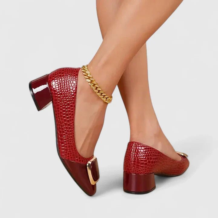 Olivia | Dame loafers med krokodillemønster og blokkhæl med gullspenne