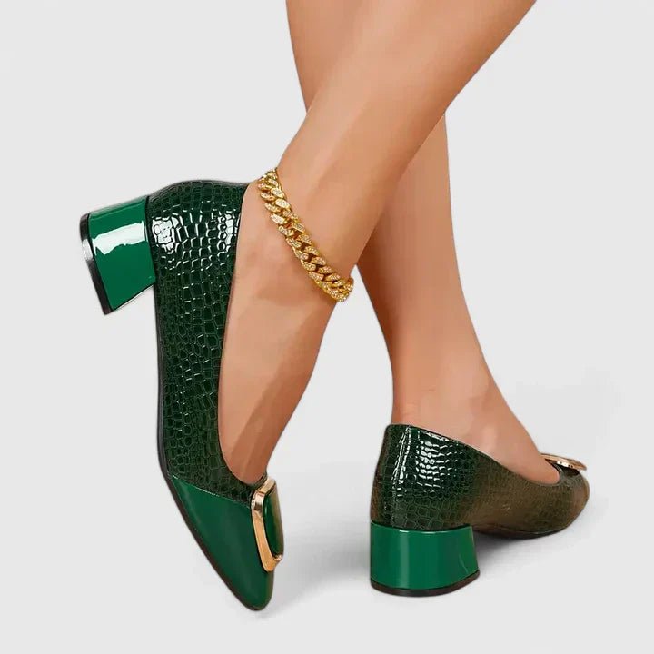 Olivia | Dame loafers med krokodillemønster og blokkhæl med gullspenne