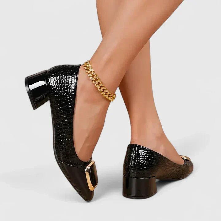 Olivia | Dame loafers med krokodillemønster og blokkhæl med gullspenne