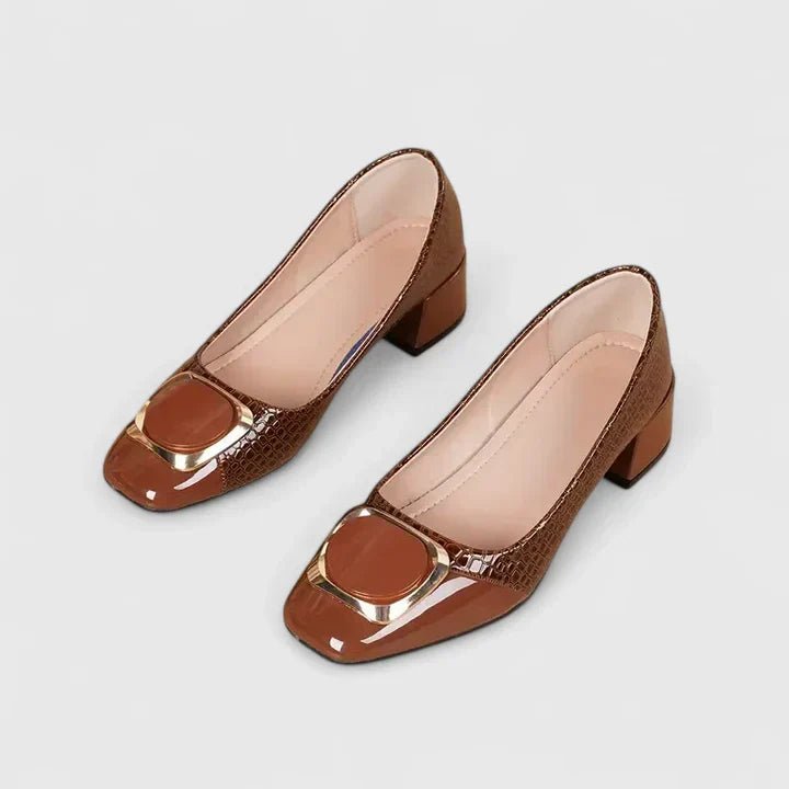 Olivia | Dame loafers med krokodillemønster og blokkhæl med gullspenne