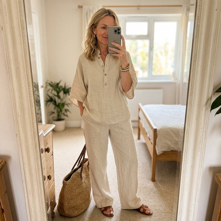 Ella | Kvinne Mandarin Krage Kimono Erme Lin Sett