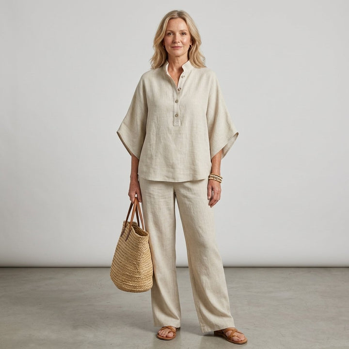 Ella | Kvinne Mandarin Krage Kimono Erme Lin Sett