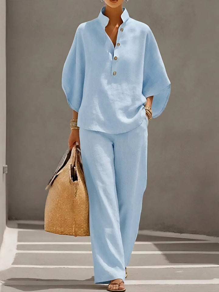 Ella | Kvinne Mandarin Krage Kimono Erme Lin Sett