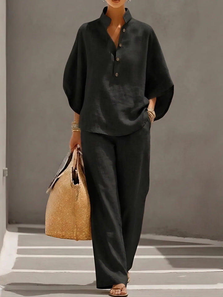 Ella | Kvinne Mandarin Krage Kimono Erme Lin Sett