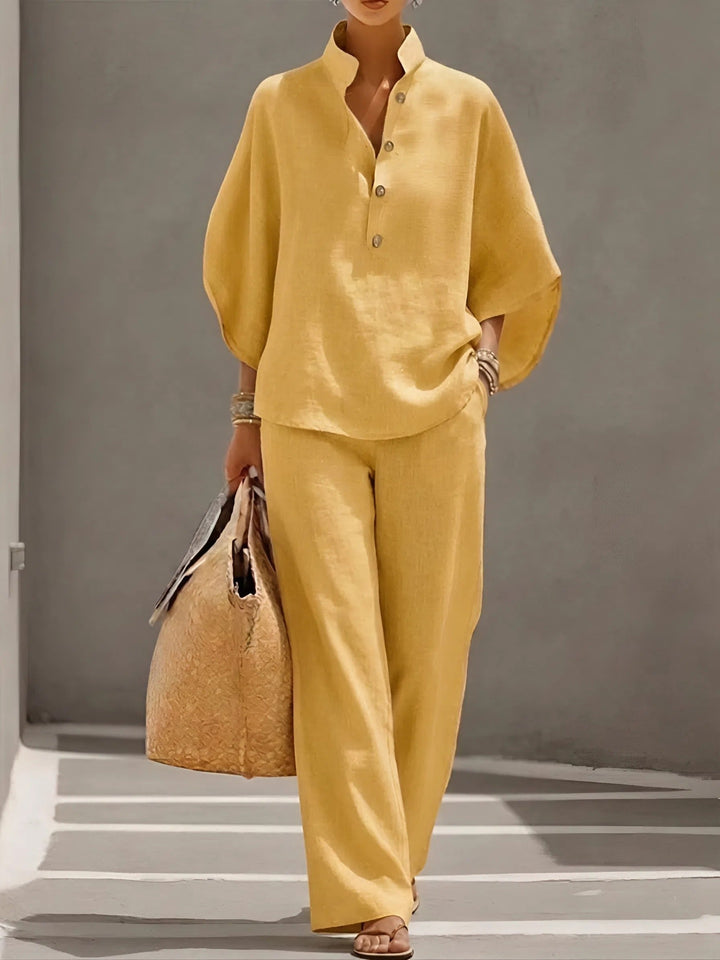 Ella | Kvinne Mandarin Krage Kimono Erme Lin Sett