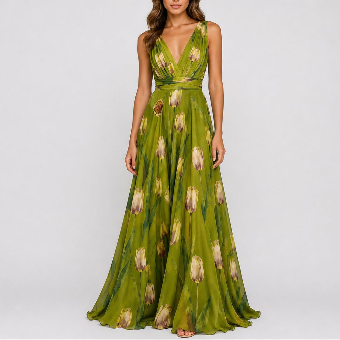 Nora | Kvinne Blomster Chiffon Maxi Kjole til Bryllup og Festlige Anledninger