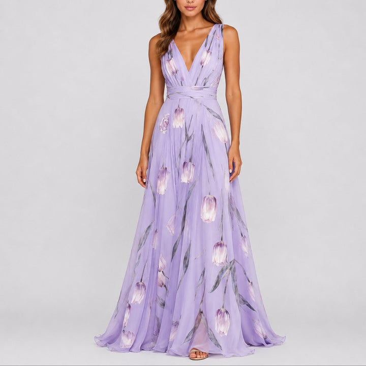 Nora | Kvinne Blomster Chiffon Maxi Kjole til Bryllup og Festlige Anledninger