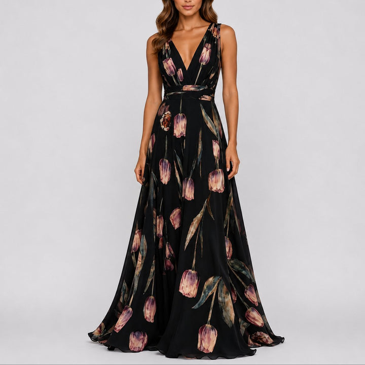 Nora | Kvinne Blomster Chiffon Maxi Kjole til Bryllup og Festlige Anledninger