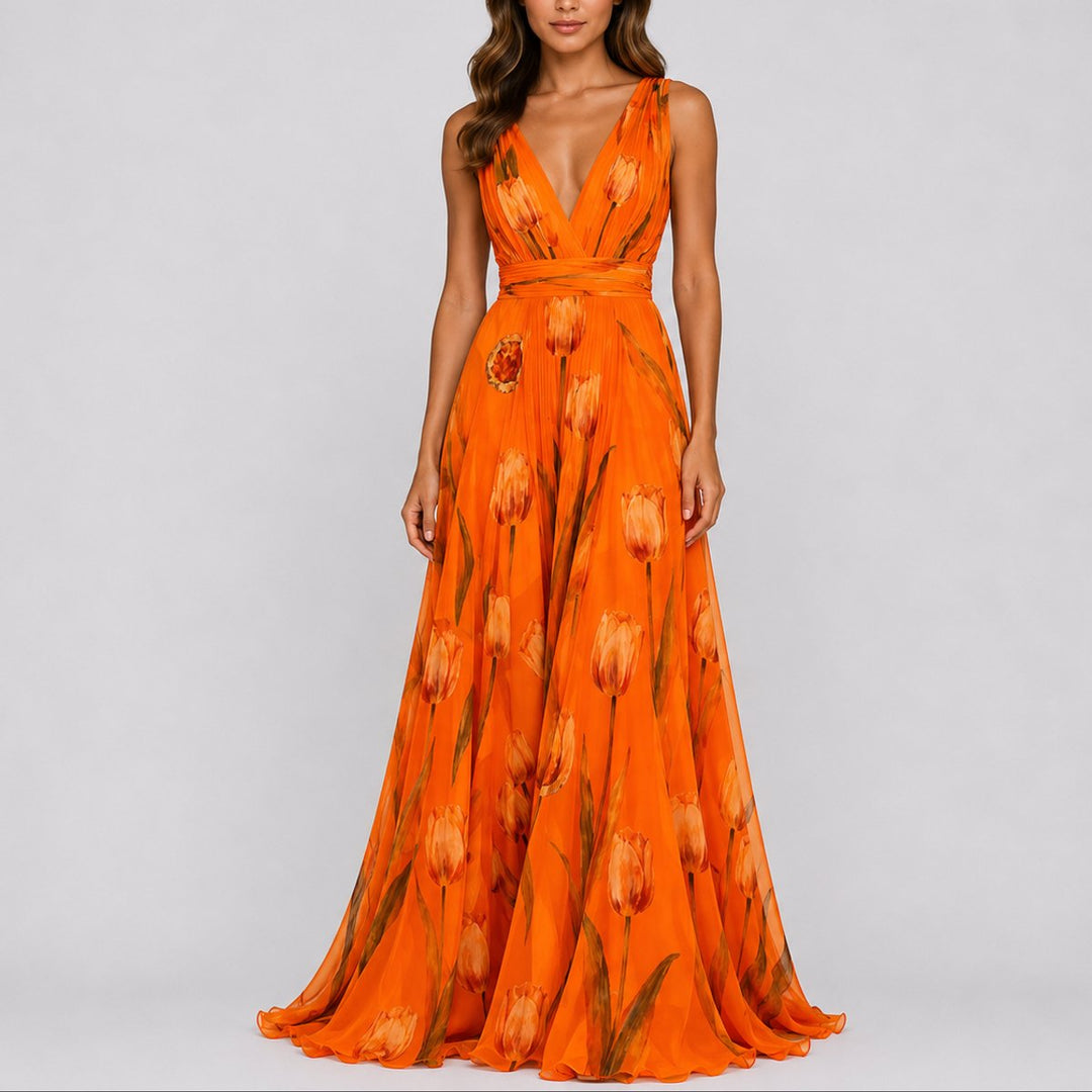 Nora | Kvinne Blomster Chiffon Maxi Kjole til Bryllup og Festlige Anledninger