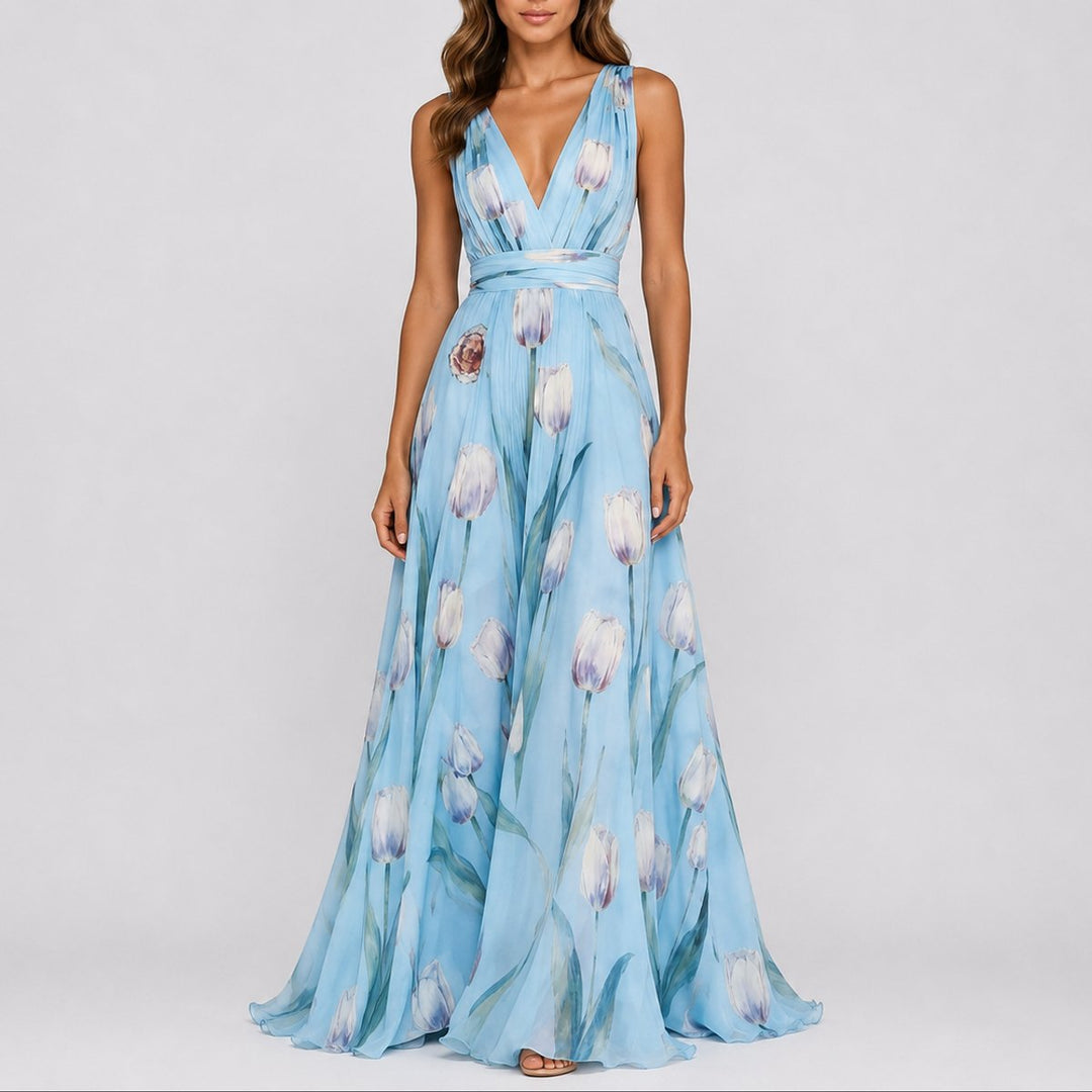 Nora | Kvinne Blomster Chiffon Maxi Kjole til Bryllup og Festlige Anledninger