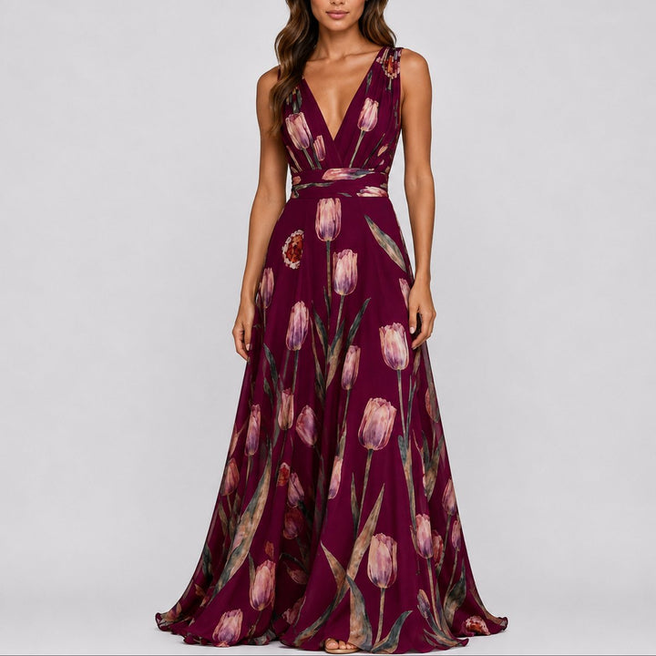 Nora | Kvinne Blomster Chiffon Maxi Kjole til Bryllup og Festlige Anledninger