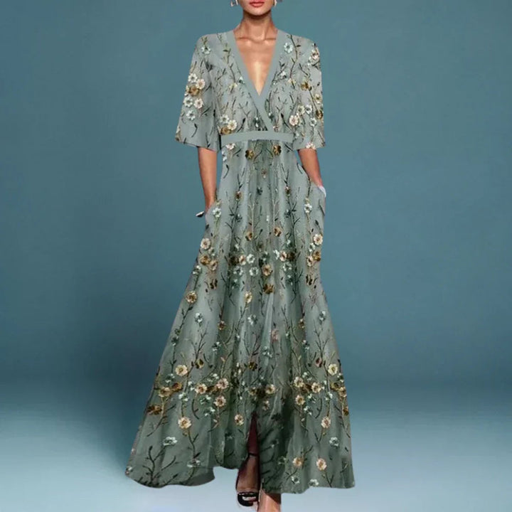 Sofia | Kvinne Floral Maxi Formell Kjole med V-Hals