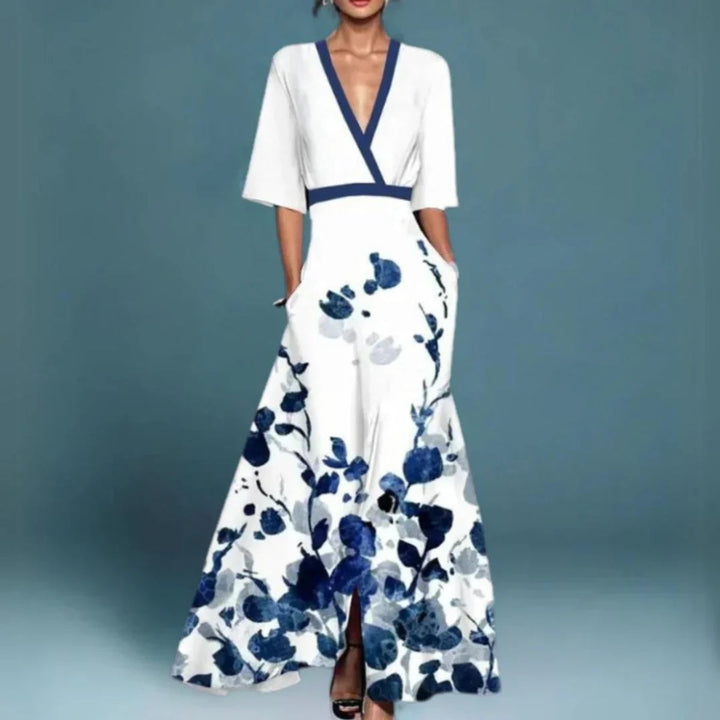 Sofia | Kvinne Floral Maxi Formell Kjole med V-Hals