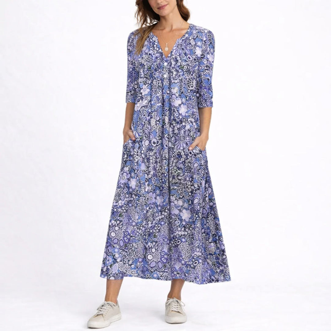 Freja | Kvinne Floral Midi Kjole for Bryllupsgjester om Høsten V-Utforming