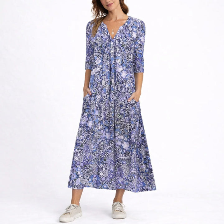 Freja | Kvinne Floral Midi Kjole for Bryllupsgjester om Høsten V-Utforming