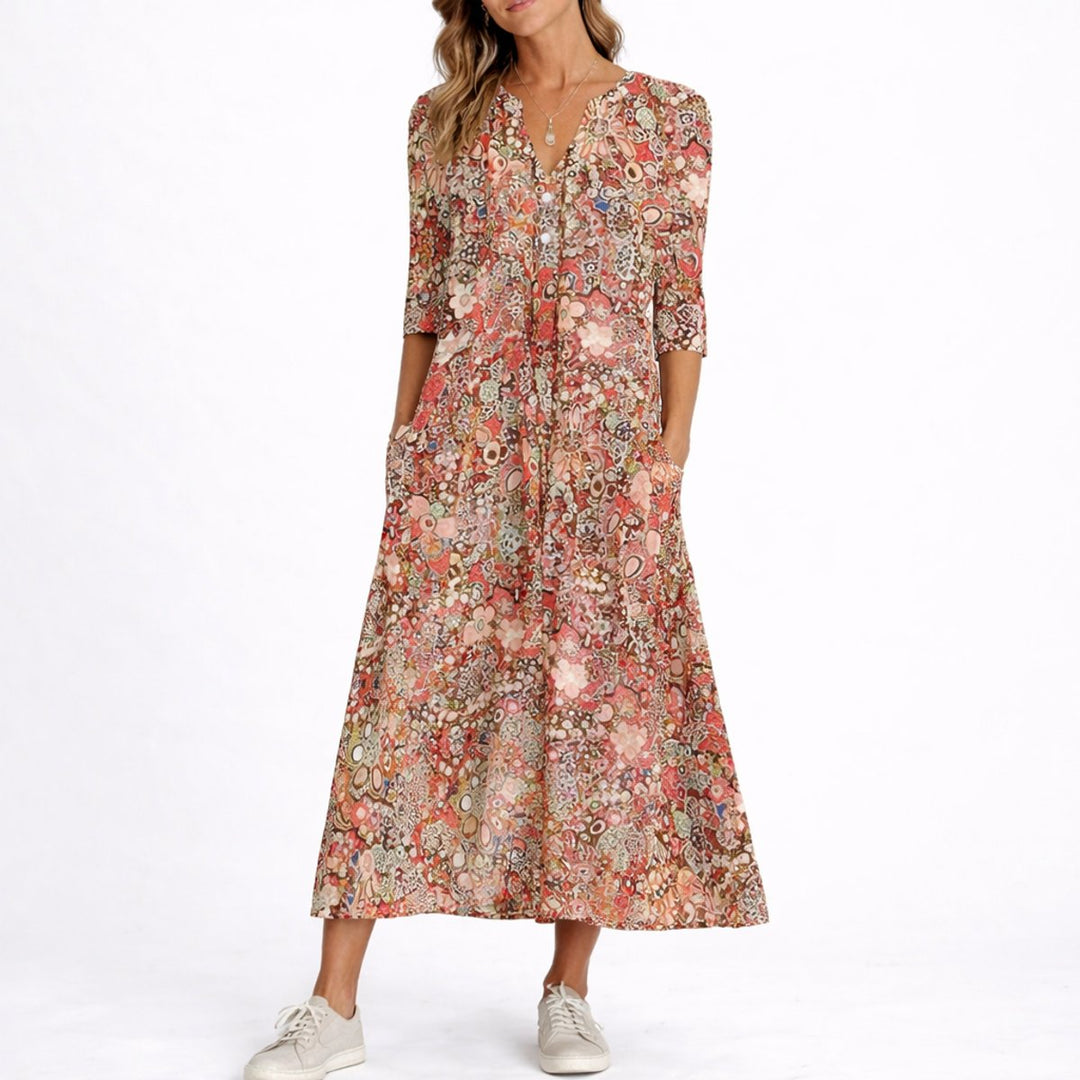 Freja | Kvinne Floral Midi Kjole for Bryllupsgjester om Høsten V-Utforming