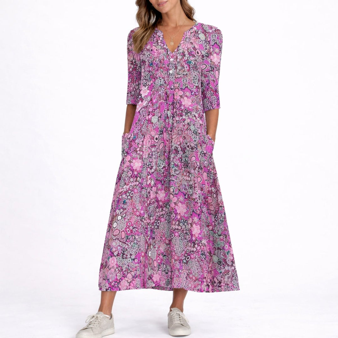 Freja | Kvinne Floral Midi Kjole for Bryllupsgjester om Høsten V-Utforming