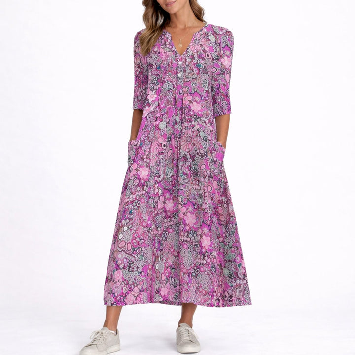 Freja | Kvinne Floral Midi Kjole for Bryllupsgjester om Høsten V-Utforming