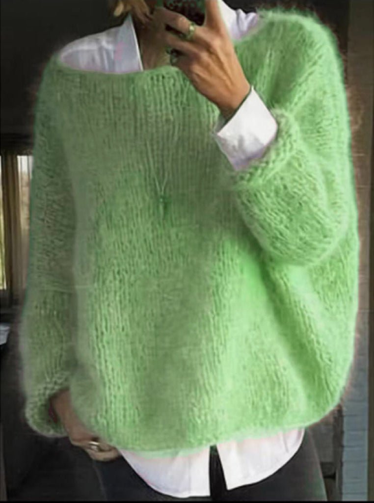 Sofia | Dame Fluffy Strikket Oversized Rundhalsgenser