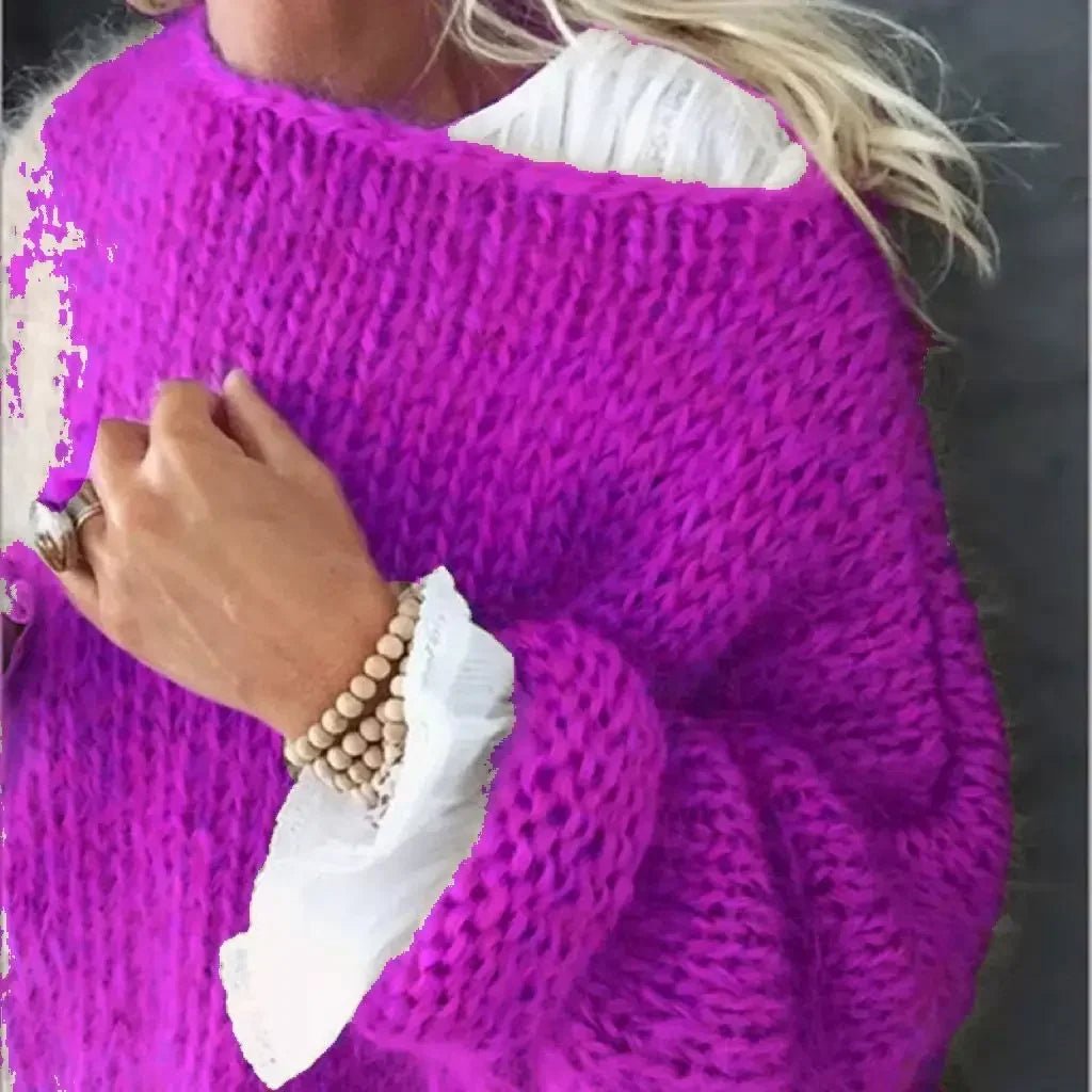 Sofia | Dame Fluffy Strikket Oversized Rundhalsgenser