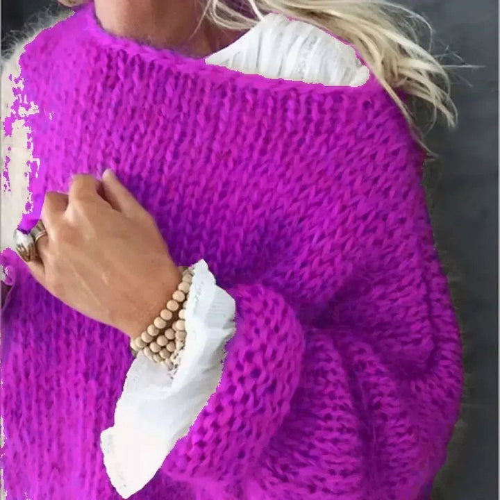 Sofia | Dame Fluffy Strikket Oversized Rundhalsgenser