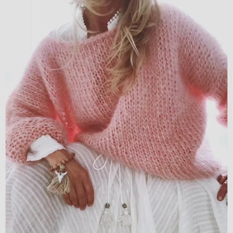 Sofia | Dame Fluffy Strikket Oversized Rundhalsgenser