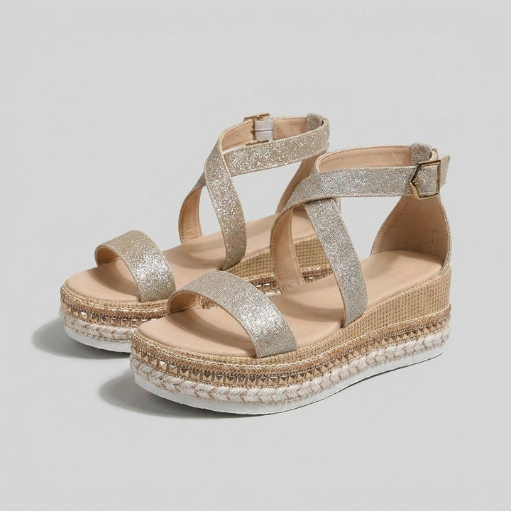 Olivia | Kvinne Open-Toe Espadrille Plattform Sandaler med Metallspenne
