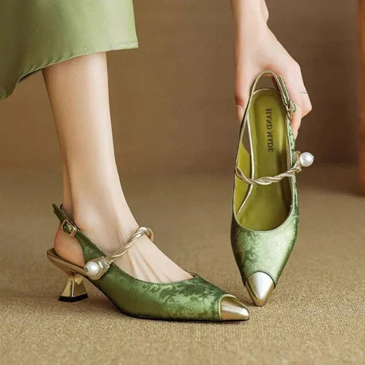 Nora | Kvinne Blomster Jacquard Spiss Tå Kitten Hæl Slingback Pumper