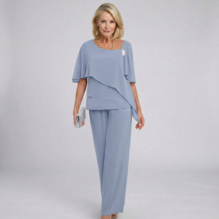 Mathilde | Kvinne Chiffon Cape-ermet To-dels Sett med Vide Bukser