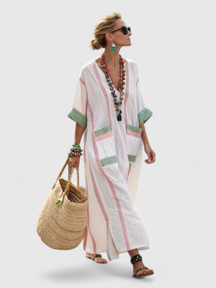 Emma | Kvinners Oversized Boho Maxi Kjole V-Hals Stripete Lin