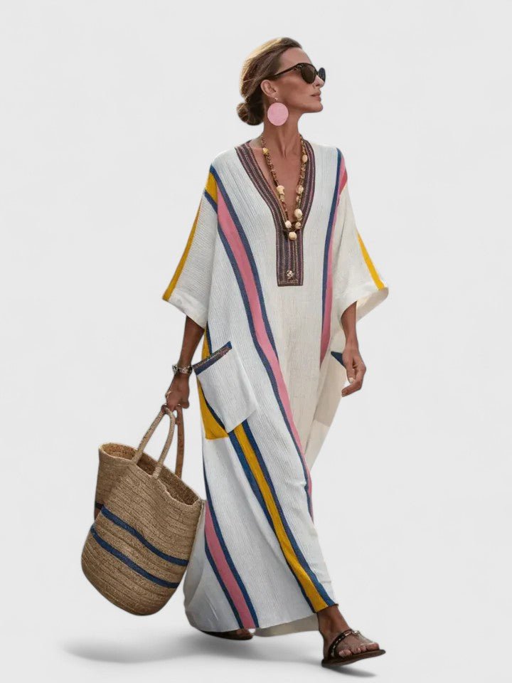 Emma | Kvinners Oversized Boho Maxi Kjole V-Hals Stripete Lin