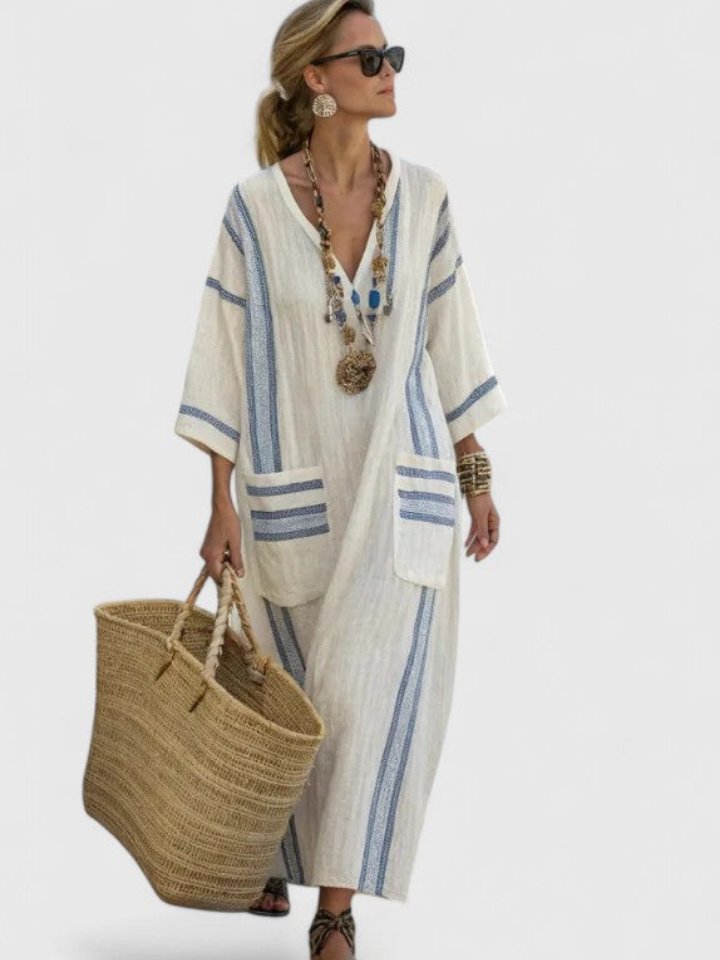 Emma | Kvinners Oversized Boho Maxi Kjole V-Hals Stripete Lin