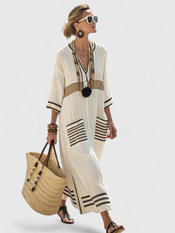 Emma | Kvinners Oversized Boho Maxi Kjole V-Hals Stripete Lin