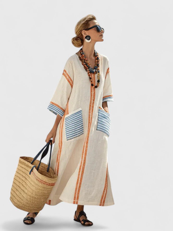 Emma | Kvinners Oversized Boho Maxi Kjole V-Hals Stripete Lin