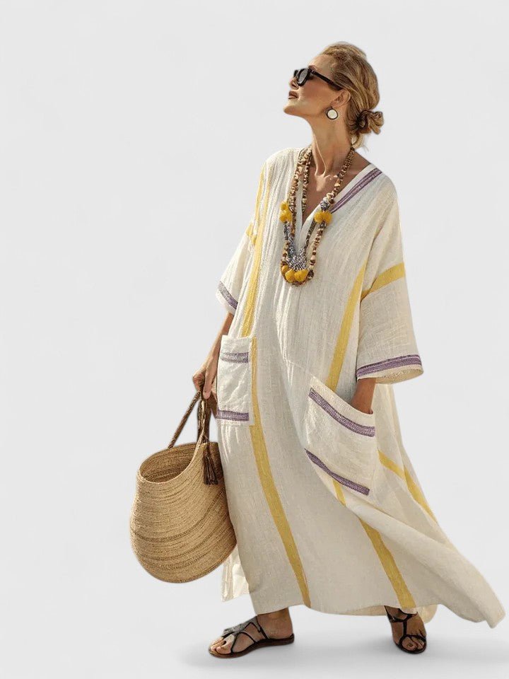 Emma | Kvinners Oversized Boho Maxi Kjole V-Hals Stripete Lin