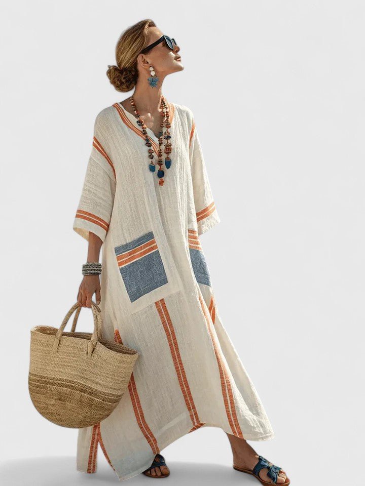 Emma | Kvinners Oversized Boho Maxi Kjole V-Hals Stripete Lin