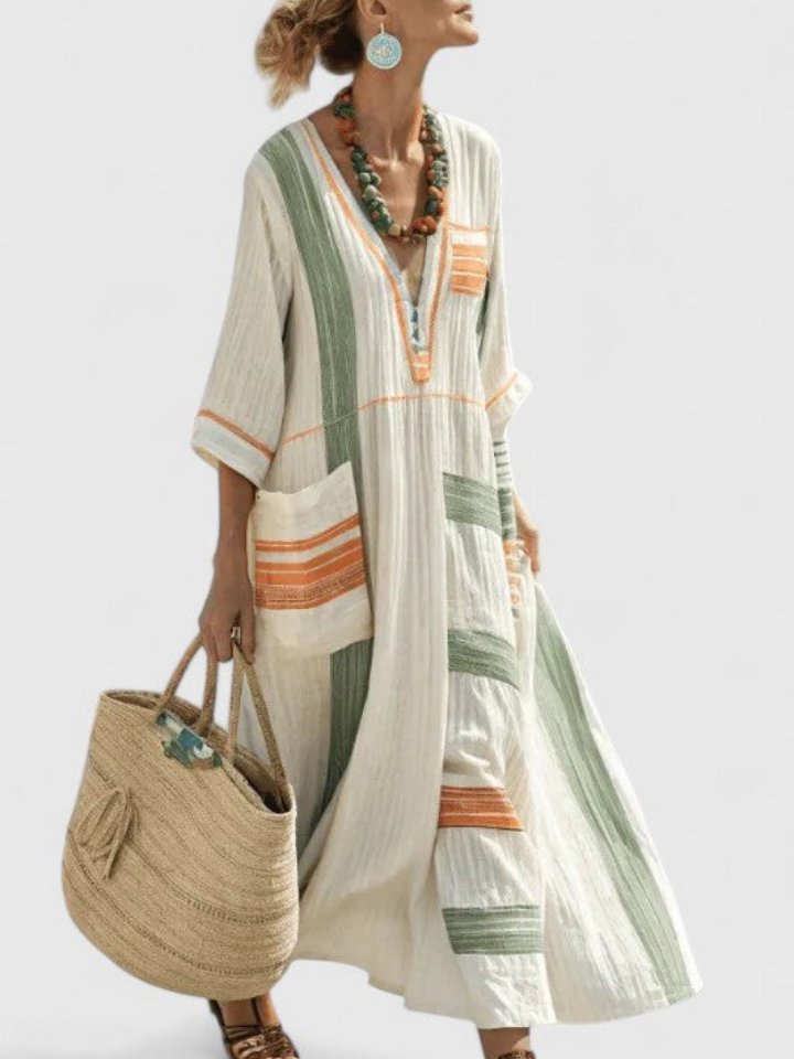Emma | Kvinners Oversized Boho Maxi Kjole V-Hals Stripete Lin