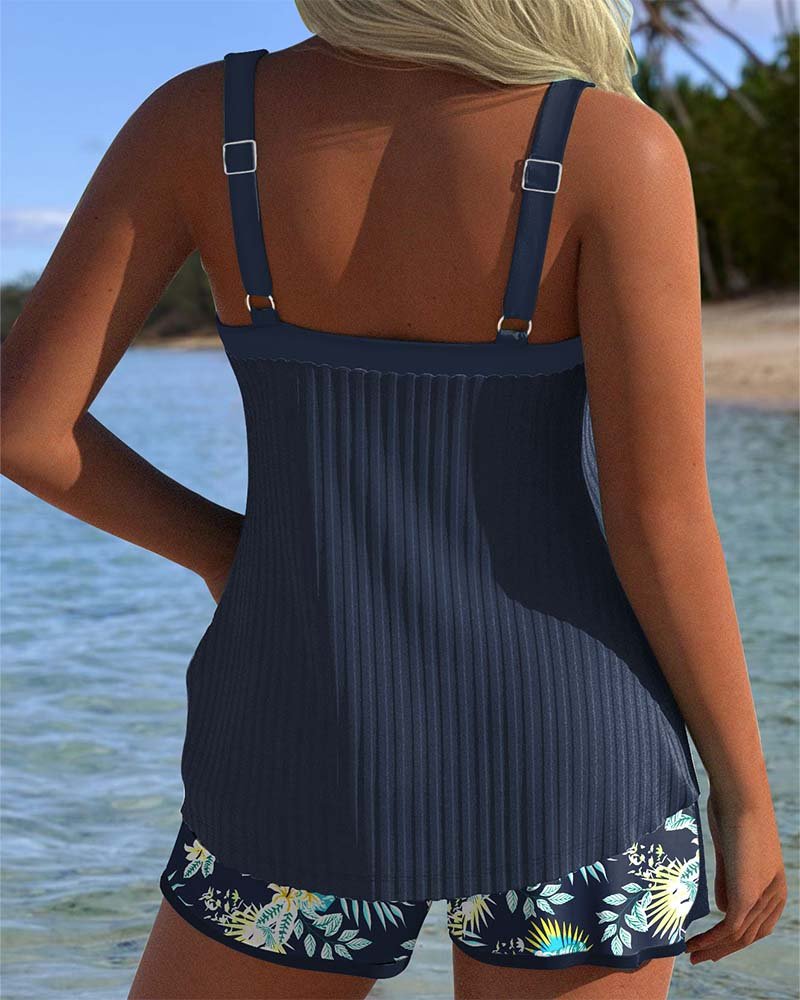Olivia | Damers To-dels Sett Tankini Stripete Badetights Blomstertrykk