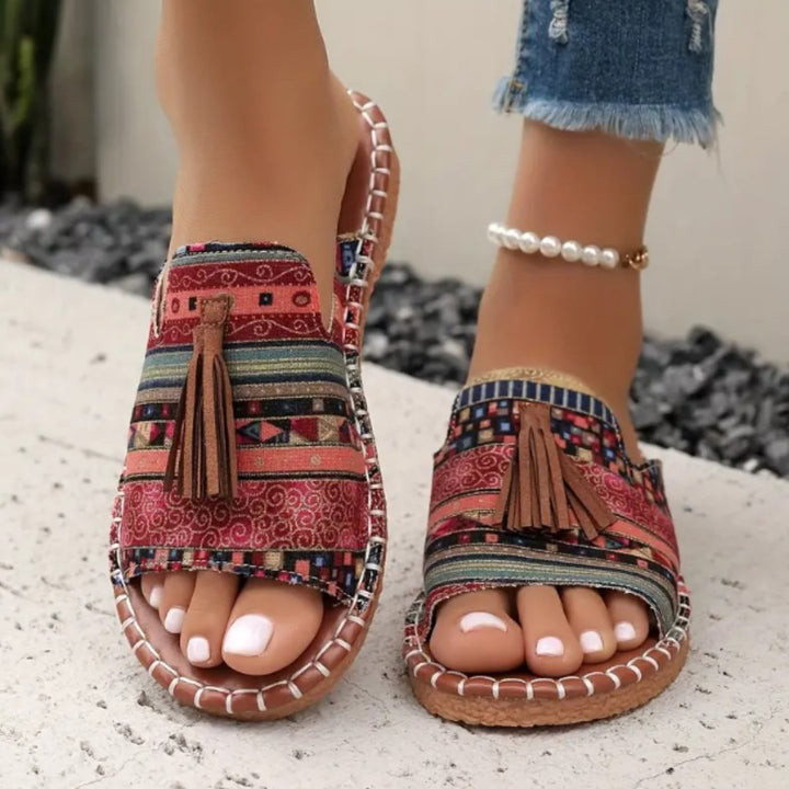 Emma | Kvinne Sandaler Bohemsk Mønster Franje Slip-On Flat