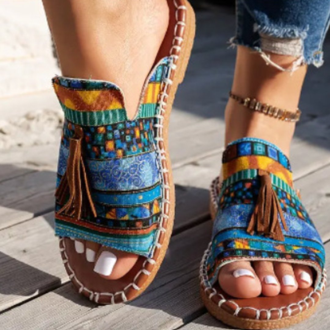 Emma | Kvinne Sandaler Bohemsk Mønster Franje Slip-On Flat