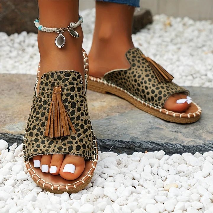 Emma | Kvinne Sandaler Bohemsk Mønster Franje Slip-On Flat