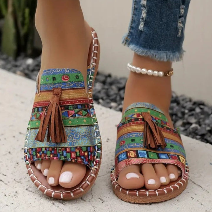 Emma | Kvinne Sandaler Bohemsk Mønster Franje Slip-On Flat