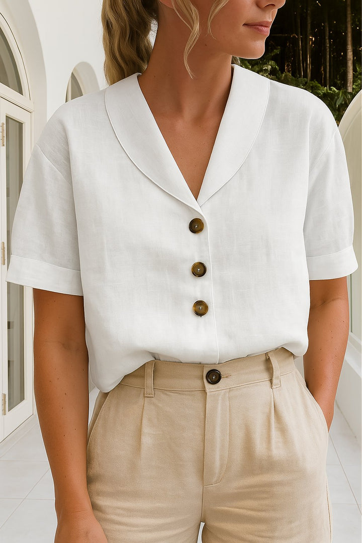 Sofia | Elegant Bluse med Innviket Hals og Korte Ermer