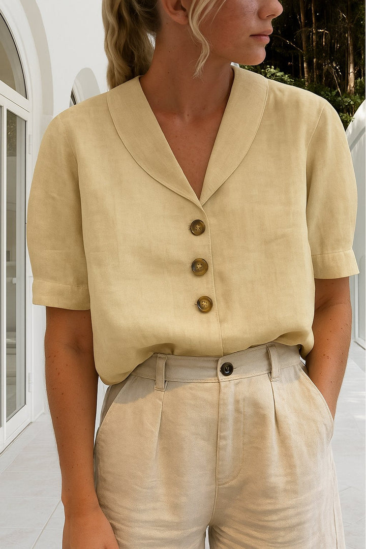 Sofia | Elegant Bluse med Innviket Hals og Korte Ermer